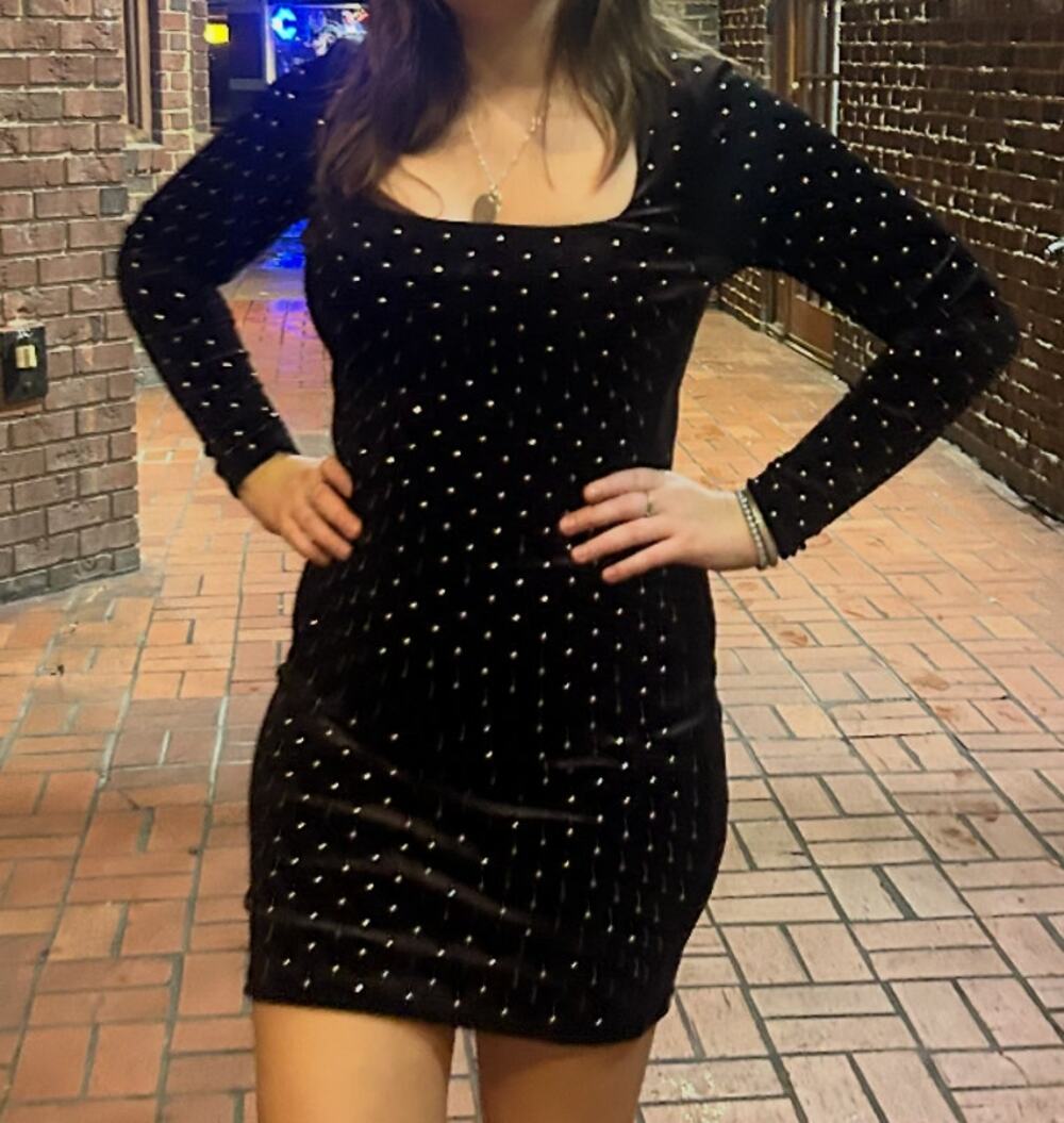 Black Velvet Rhinestone Studded Long Sleeve Bodycon Mini Dress Women's Size S
